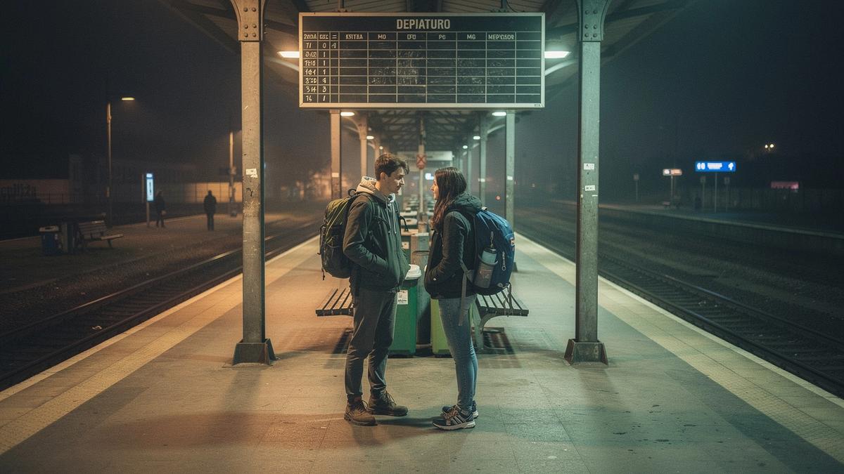 Students with backpacks waiting on a night platform in Kraków