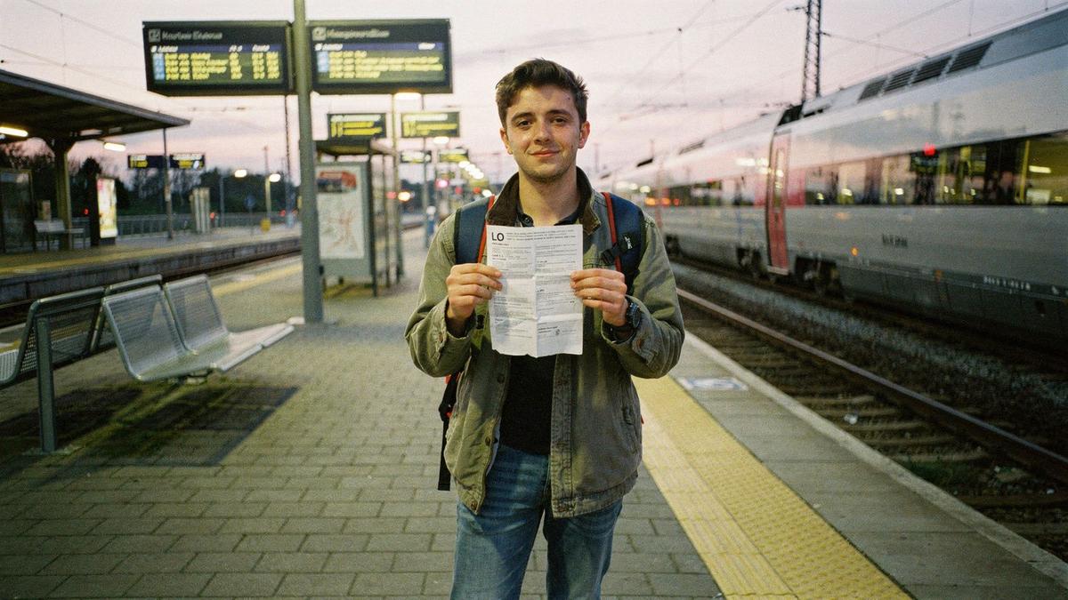 Student traveller with a backpack on a station platform, holding a folded printed itinerary